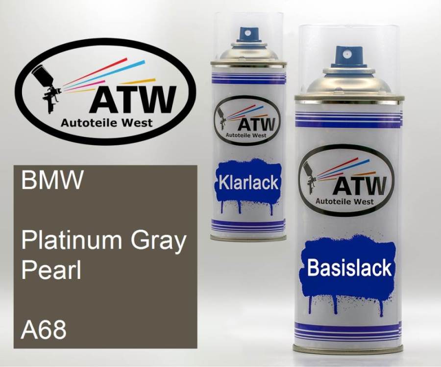 BMW, Platinum Gray Pearl, A68: 400ml Sprühdose + 400ml Klarlack - Set, von ATW Autoteile West.